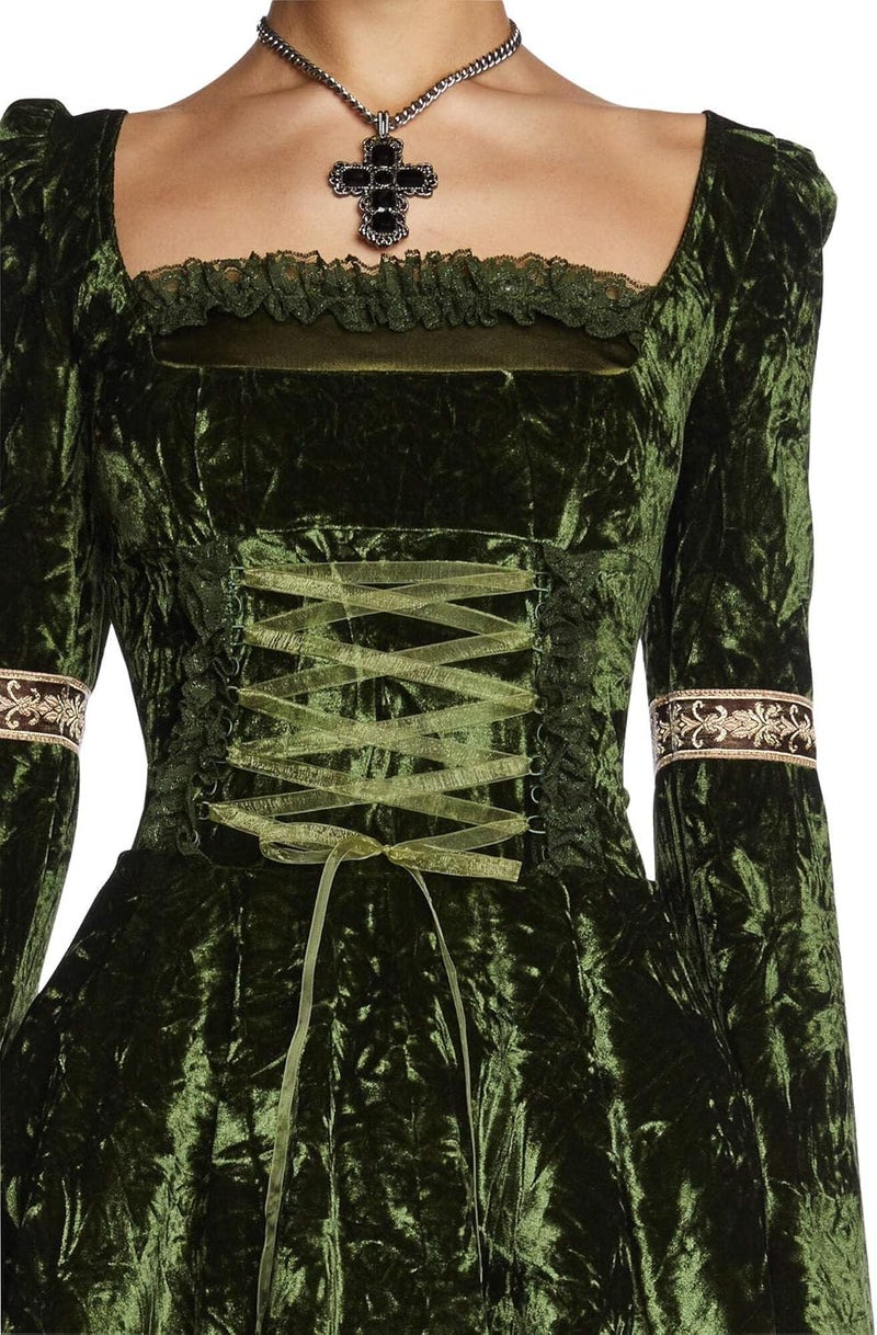 Myths N' Legends Mini Dress by Current Mood – Green Velour Dress with Lace-Up Front & Puff Sleeves